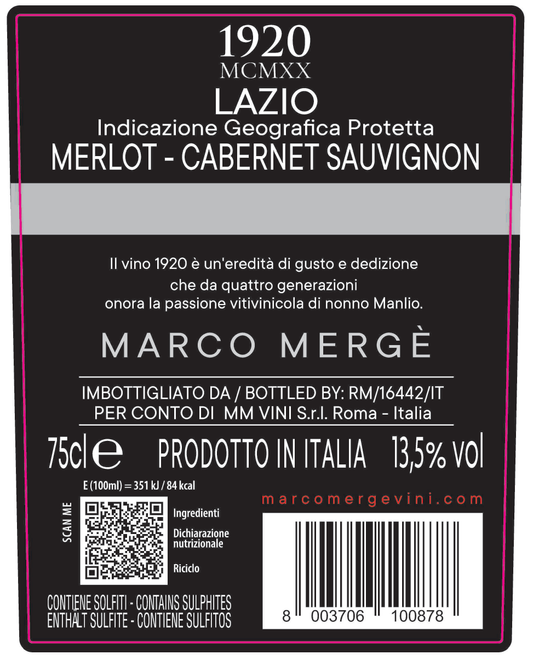 MCMXX-1920 - MERLOT E CABERNET SAUVIGNON LAZIO IGP